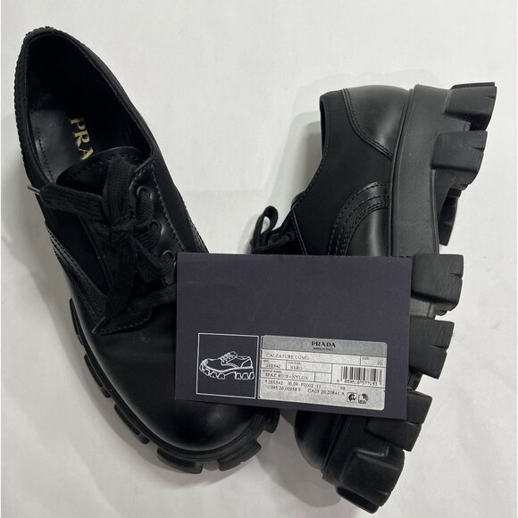 Prada Monolith Brushed Leather Nylon Lace Up Shoes Style 2EE342 in Black main image 4